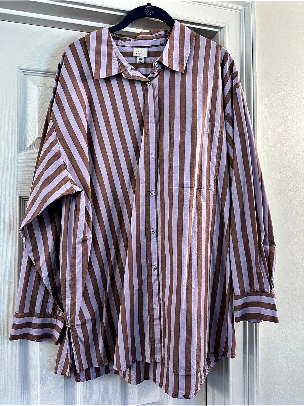 A New Day Striped Button Down in Lavender & Tan